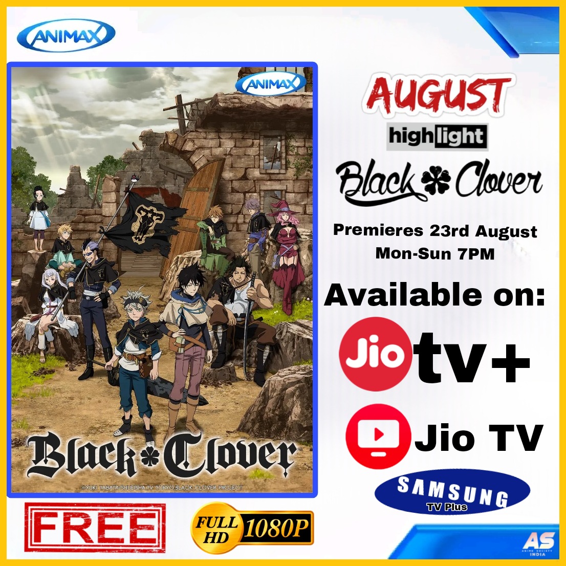 Animax India August 2024 Schedule, Black Clover Season 1 set to telecast on the channel